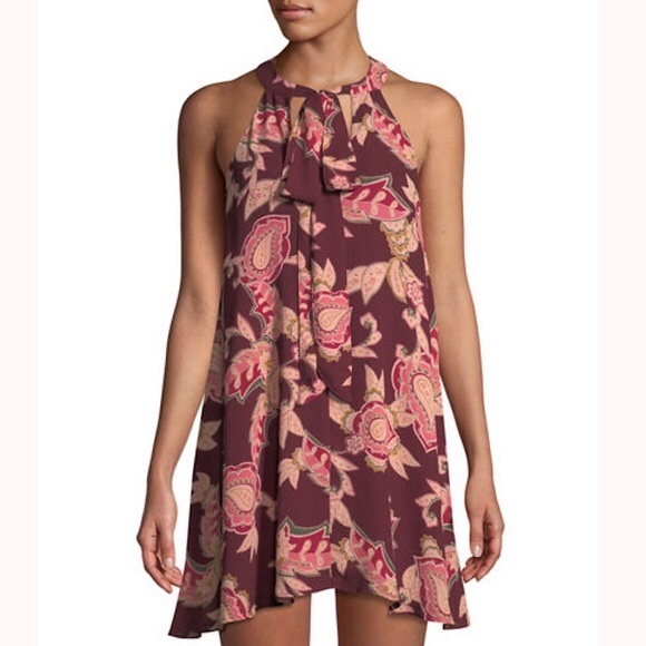 Show Me Your Mumu Tess Paisley Tie Neck Mini Dress Wine Red size Medium - Picture 6 of 9